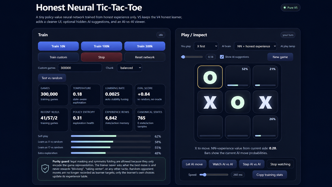 Screenshot of AI Tic Tac Toe with neural network training controls and an interactive board
