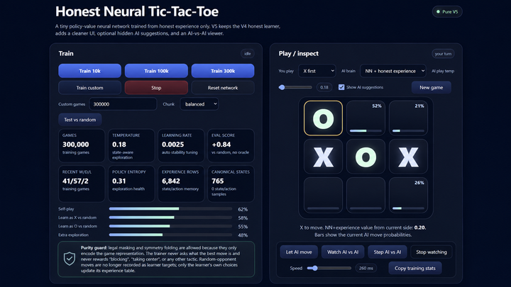 AI Tic Tac Toe interface with a game board, training controls and model evaluation information