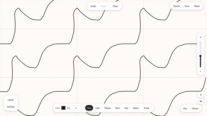 TorusDraw interface with an object-based drawing workspace and a real-time 3D surface preview