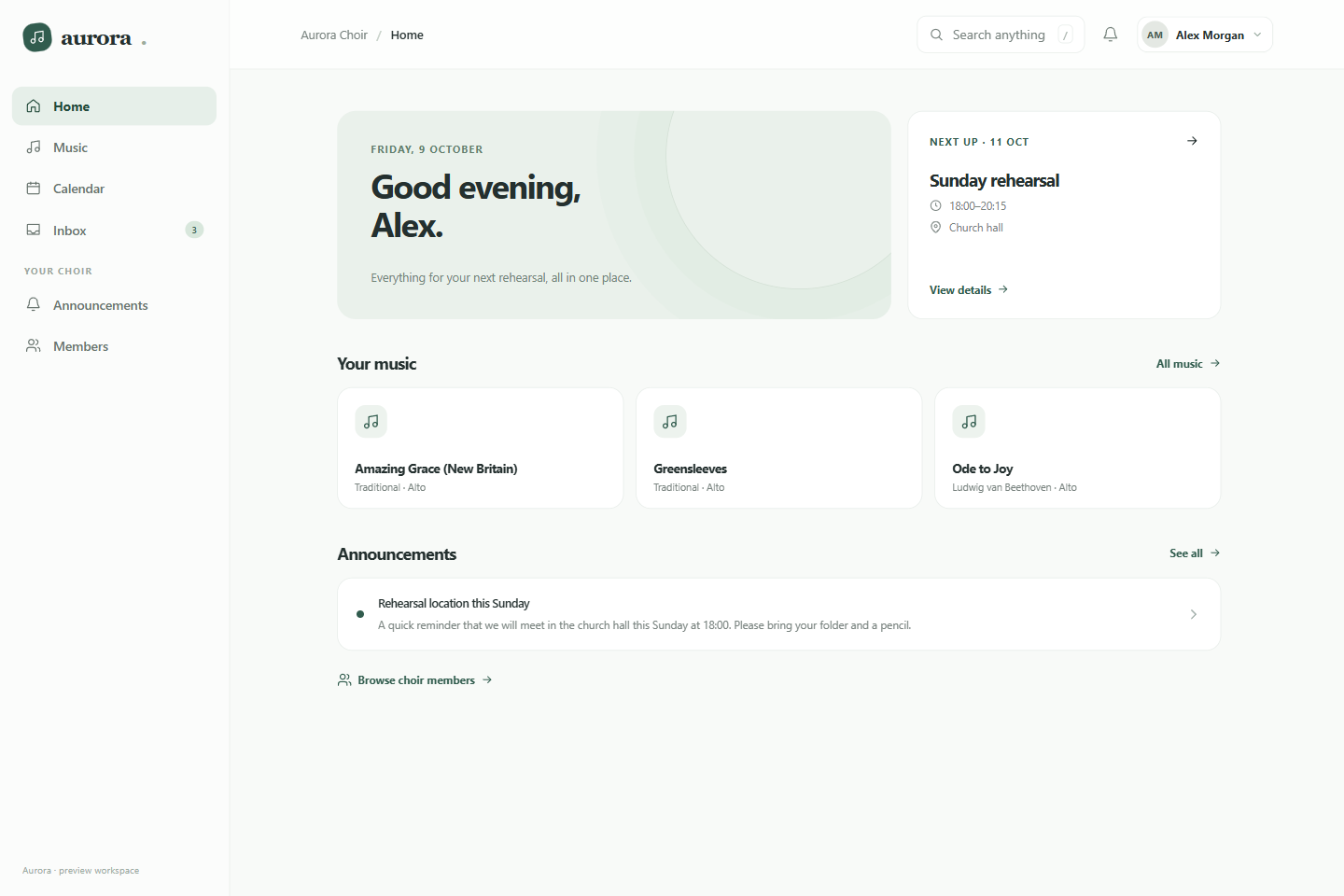 Aurora member home with the next rehearsal, current music and choir updates in a calm, light interface